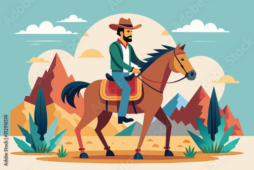 A man is mounted on the back of a brown horse, showcasing a classic cowboy scene, Cowboy on horse Customizable Semi Flat Illustration
