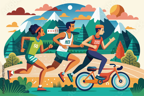 A man and a woman energetically running in a cross country race, showing determination and focus, Cross country race Customizable Disproportionate Illustration