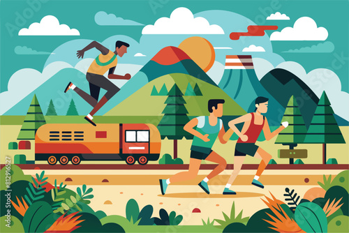 Diverse group of individuals running in a park during a cross country race, Cross country race Customizable Disproportionate Illustration