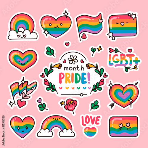 Pride month cute cartoon LGBT+ vector set