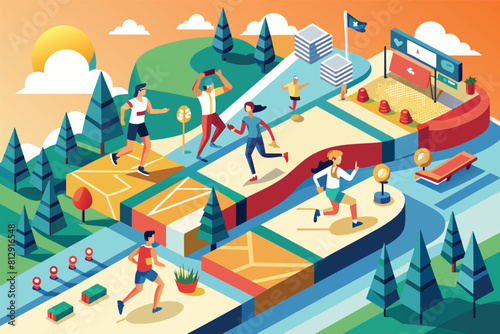 A group of individuals playing an intense game of tennis on a tennis court, Cross country race Customizable Isometric Illustration