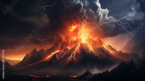 Volcano during a thunderstorm, with lightning striking near the erupting crater, adding a dramatic and chaotic element to the scene photo