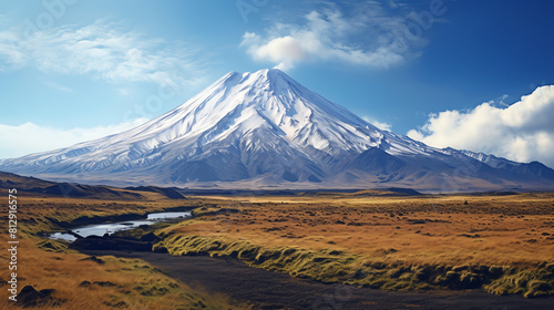 Volcano in a dormant state, with a snowcapped peak and surrounding rugged terrain, under a clear blue sky with a few fluffy clouds