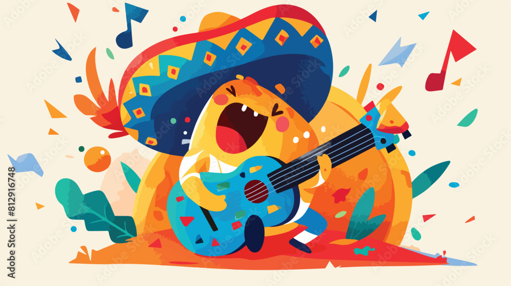 Happy taco character in sombrero singing and playin