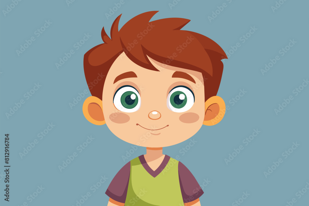 Obraz premium A curious child in cartoon style, wearing a green shirt and sporting brown hair, Curiosity child Customizable Cartoon Illustration