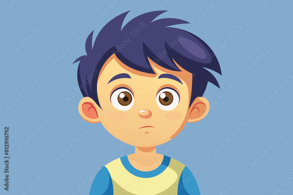 A young boy with a sad expression on his face, looking disheartened, Curiosity child Customizable Disproportionate Illustration
