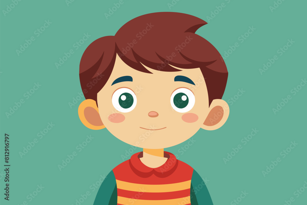 A boy in a striped shirt stands in front of a vibrant green background, Curiosity child Customizable Flat Illustration A boy in a striped shirt stands in front of a vibrant green background, Curiosity child Customizable Flat Illustration