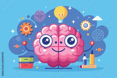 Cartoon brain with a light bulb above it, representing creativity and innovation, Curiosity brain Customizable Flat Illustration