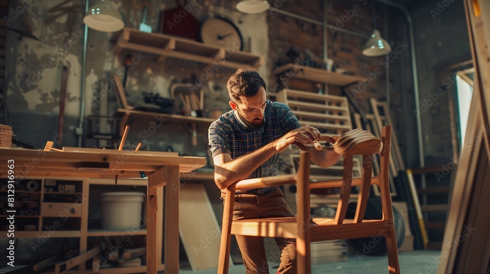Young Woodworker Checking the Layout Manual of a Stylish Handmade Wooden Chair Talented Furniture Designer Working in a Workshop in a Creative Loft Space with Tools and Equipment : Generative AI Young Woodworker Checking the Layout Manual of a Stylish Handmade Wooden Chair Talented Furniture Designer Working in a Workshop in a Creative Loft Space with Tools and Equipment : Generative AI