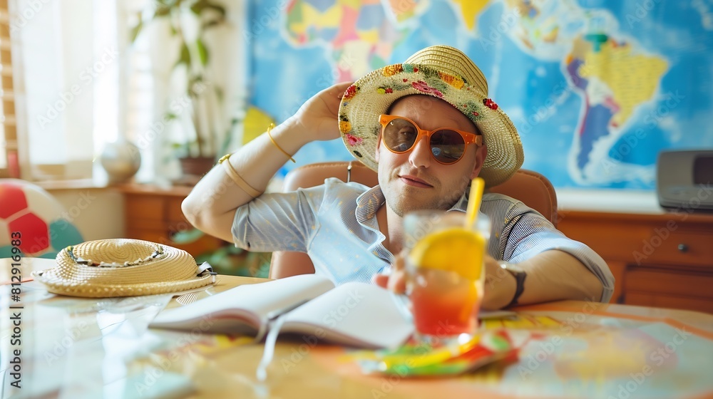 Annual leave and planning travel vacation concept Funny office worker waiting for summer holidays Happy barefoot employee in sun hat sunglasses and swim ring sitting on desk and drinki : Generative AI Annual leave and planning travel vacation concept Funny office worker waiting for summer holidays Happy barefoot employee in sun hat sunglasses and swim ring sitting on desk and drinki : Generative AI