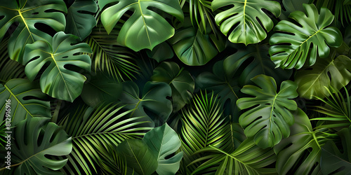 Green tropical forest leaves on dark background - Ai Generated