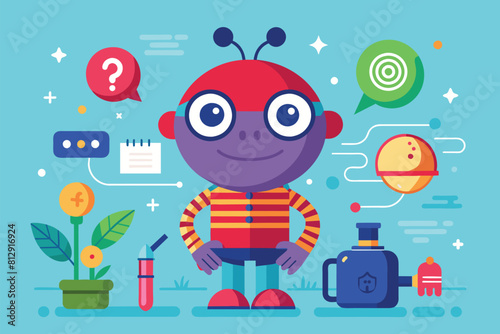 A cartoon character is standing in front of a vibrant blue background, Curiosity Customizable Disproportionate Illustration