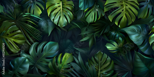 Green tropical forest leaves on dark background - Ai Generated