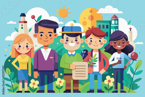 A diverse group of people standing next to each other in a flat customizable illustration  Curiosity people Customizable Flat Illustration