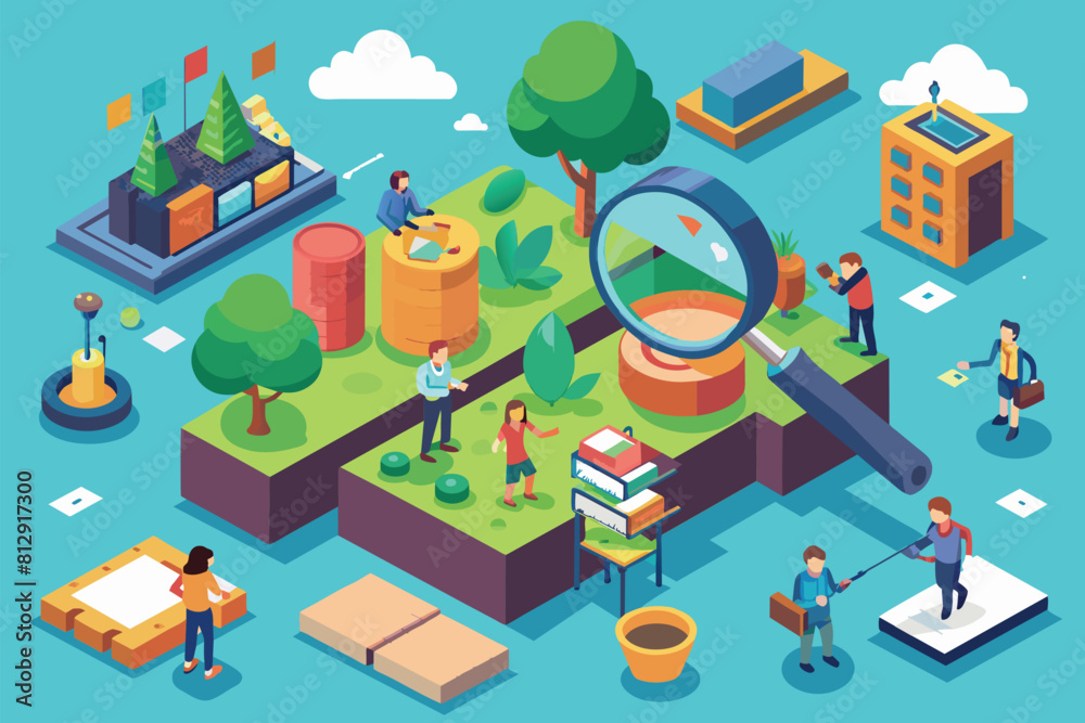 Naklejka premium Group of individuals inspecting a book using a magnifying glass in a customized isometric illustration, Curiosity search Customizable Isometric Illustration