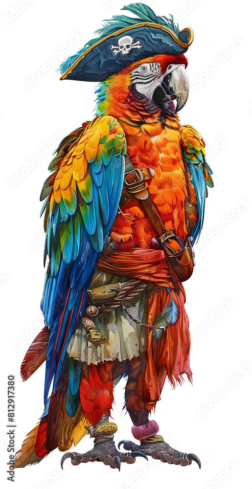 Fototapeta premium a parrot/Macaw dressed as a pirate with a hat and buckle in a front/ view PNG, in a vertical format, tropical-themed, isolated, and transparent photorealistic illustration. Generative ai