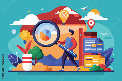 A man closely inspects an object through a magnifying glass, showing curiosity and focus, Curiosity search Customizable Semi Flat Illustration