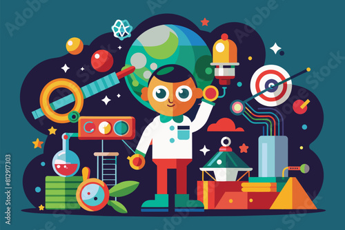 A person is standing in front of a vibrant and colorful background, creating a striking visual contrast, Curiosity search Customizable Disproportionate Illustration