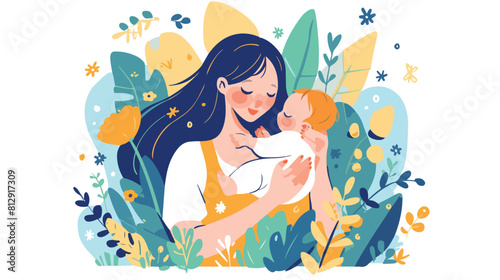 Happy woman breastfeeding newborn baby flat vector