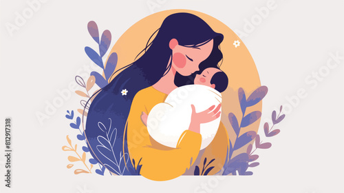 Happy woman breastfeeding newborn baby flat vector