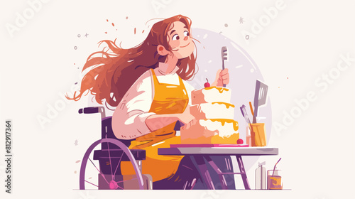 Happy woman confectioner in wheelchair holding big