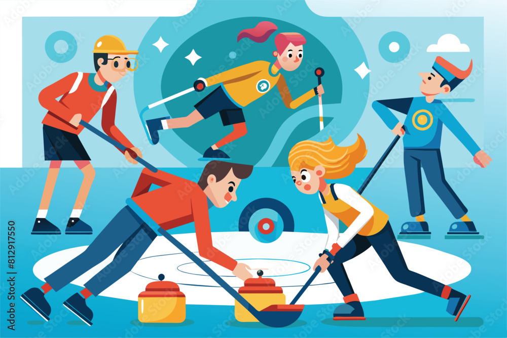 A team of individuals actively participating in a game of curling on an ice rink, Curling Customizable Disproportionate Illustration A team of individuals actively participating in a game of curling on an ice rink, Curling Customizable Disproportionate Illustration