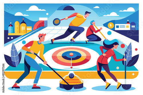 A group of individuals enjoying a game of darts indoors, Curling Customizable Flat Illustration