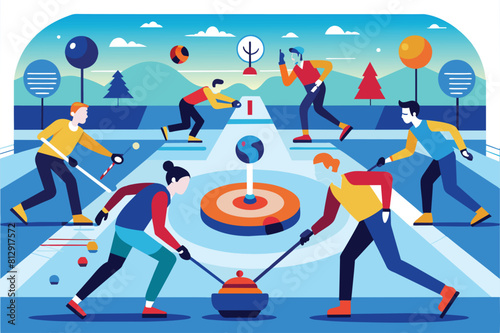 A group of people actively engaged in a game of curling on the ice, Curling Customizable Flat Illustration