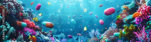 A detailed view of the underwater environment  showcasing an array of colorful sea creatures and coral reefs. The foreground features various pills floating in the water  creating a surreal scene. In