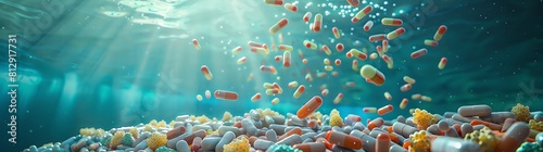 A highly detailed, realistic photo of bacteria and microorganisms floating in the water under an underwater light. The background is a blue ocean with sunlight filtering through it. In front of them t