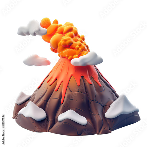 Cartoon volcano. 3D render of an erupting volcano with lava, ash, and smoke, transparent background. isolated PNG photo