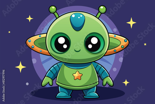 Customizable cute cartoon illustration of a green alien with a star emblem on its chest, Cute alien Customizable Cartoon Illustration