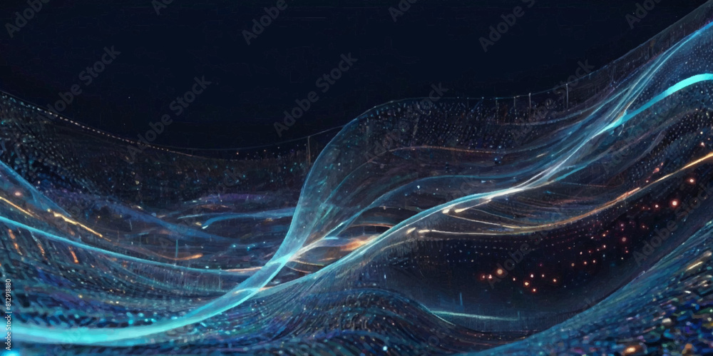 Obraz premium wave technology beautiful wavy blue light lines with digital effect corporate concept. Wave line of flowing particles vector background