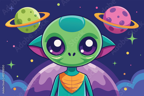 A cute green alien with big eyes stands in front of a backdrop of planets in space, Cute alien Customizable Semi Flat Illustration