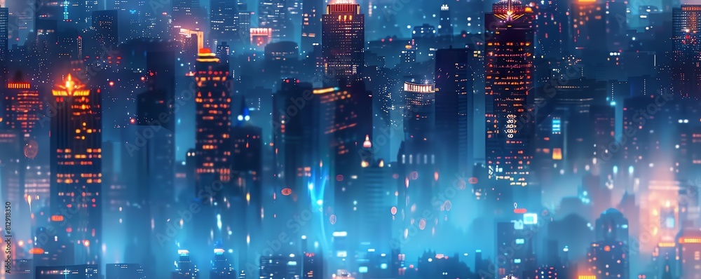 Envision a futuristic cityscape at night, towering skyscrapers with ominous glowing eyes at every window Reflective surfaces enhance the sinister atmosphere