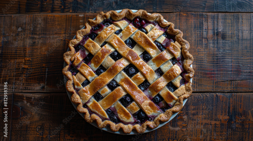 Overhead view of a delicious homemade blueberry pie with a golden lattice crust, displayed on a rustic wooden table Overhead view of a delicious homemade blueberry pie with a golden lattice crust, displayed on a rustic wooden table