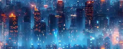 Envision a futuristic cityscape at night  towering skyscrapers with ominous glowing eyes at every window Reflective surfaces enhance the sinister atmosphere