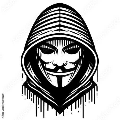 Mysterious Hooded Hacker in Black and White – Vector Illustration on Cybersecurity, Anonymity, and Digital Safety