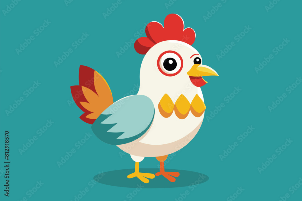 A cute chicken with a red and yellow comb on its head, standing in a farmyard, Cute chicken Customizable Semi Flat Illustration
