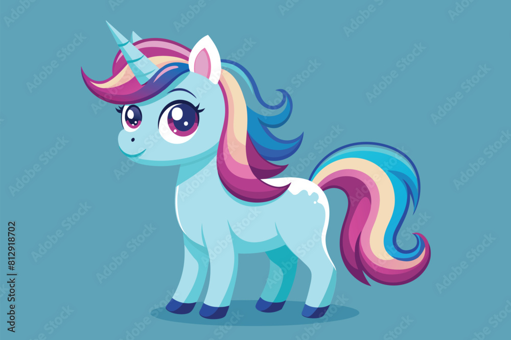 Naklejka premium A small adorable pony standing on a plain blue background, Cute unicorn Customizable Disproportionate Illustration