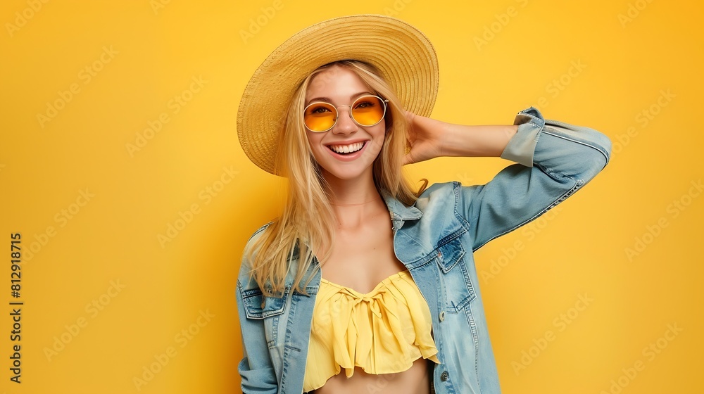 stylish happy smiling blond woman on vacation in straw hat dressed in trendy outfit jeans blouse and sunglasses vibrant yellow studio background isolated positive summer mood fashion t : Generative AI stylish happy smiling blond woman on vacation in straw hat dressed in trendy outfit jeans blouse and sunglasses vibrant yellow studio background isolated positive summer mood fashion t : Generative AI
