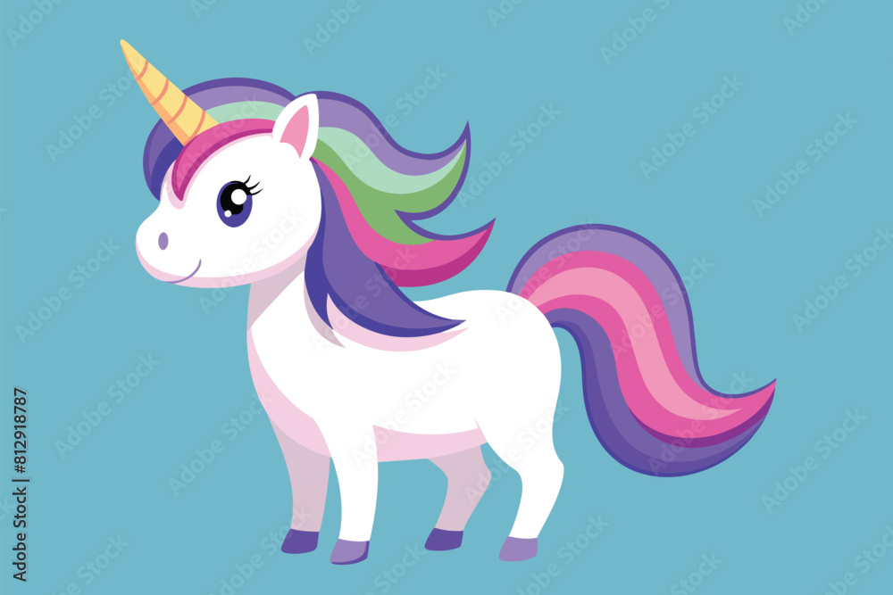 Fototapeta premium A white unicorn with a rainbow-colored mane stands gracefully against a vibrant blue backdrop, Cute unicorn Customizable Flat Illustration