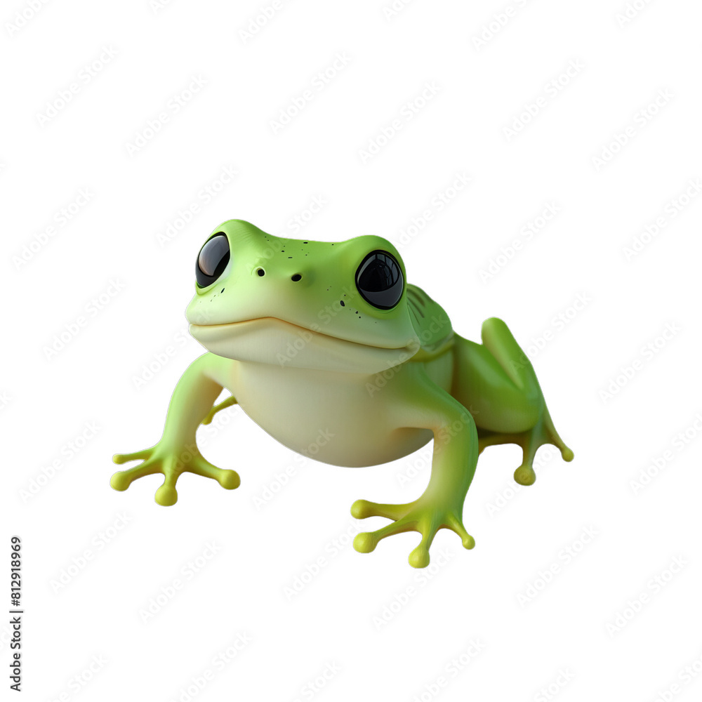 Fototapeta premium A cute green frog with big eyes is sitting on a transparent background. The frog has a friendly smile on its face, transparent background. isolated PNG