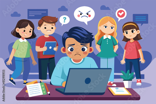 A man sits in front of a laptop, surrounded by a group of people, Cyber bullying Customizable Cartoon Illustration