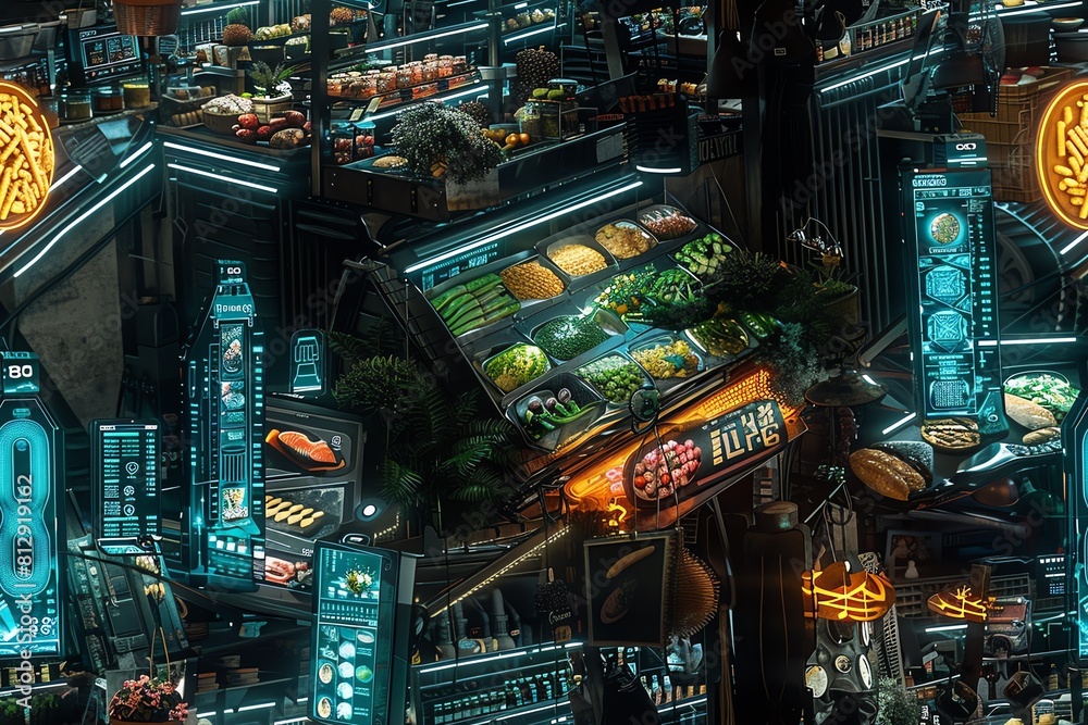 Illustrate a bustling cyberpunk food market seen from a top-down perspective