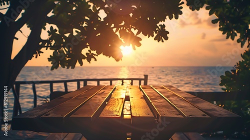 Terrace view sea tree sunlight wooden table on the beach landscape nature with sunset or sunrise  wooden bridge balcony view seascape idyllic seashore silhouette tropical tree summer v : Generative AI photo