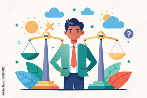 A man stands in front of a balance scale, contemplating a decision, surrounded by customizable weights, Decision fatigue Customizable Disproportionate Illustration
