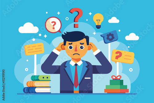 A man in a suit standing with a question mark above his head, indicating uncertainty or confusion, Decision fatigue Customizable Cartoon Illustration