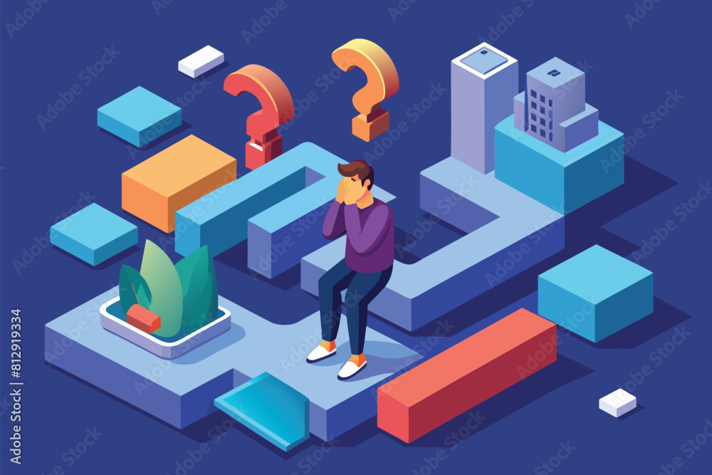 A man stands facing a massive question mark, symbolizing uncertainty and contemplation, Decision fatigue Customizable Isometric Illustration A man stands facing a massive question mark, symbolizing uncertainty and contemplation, Decision fatigue Customizable Isometric Illustration