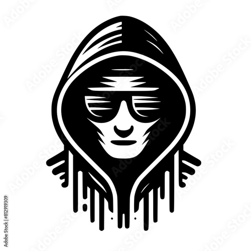 Mysterious Hooded Hacker in Black and White – Vector Illustration on Cybersecurity, Anonymity, and Digital Safety